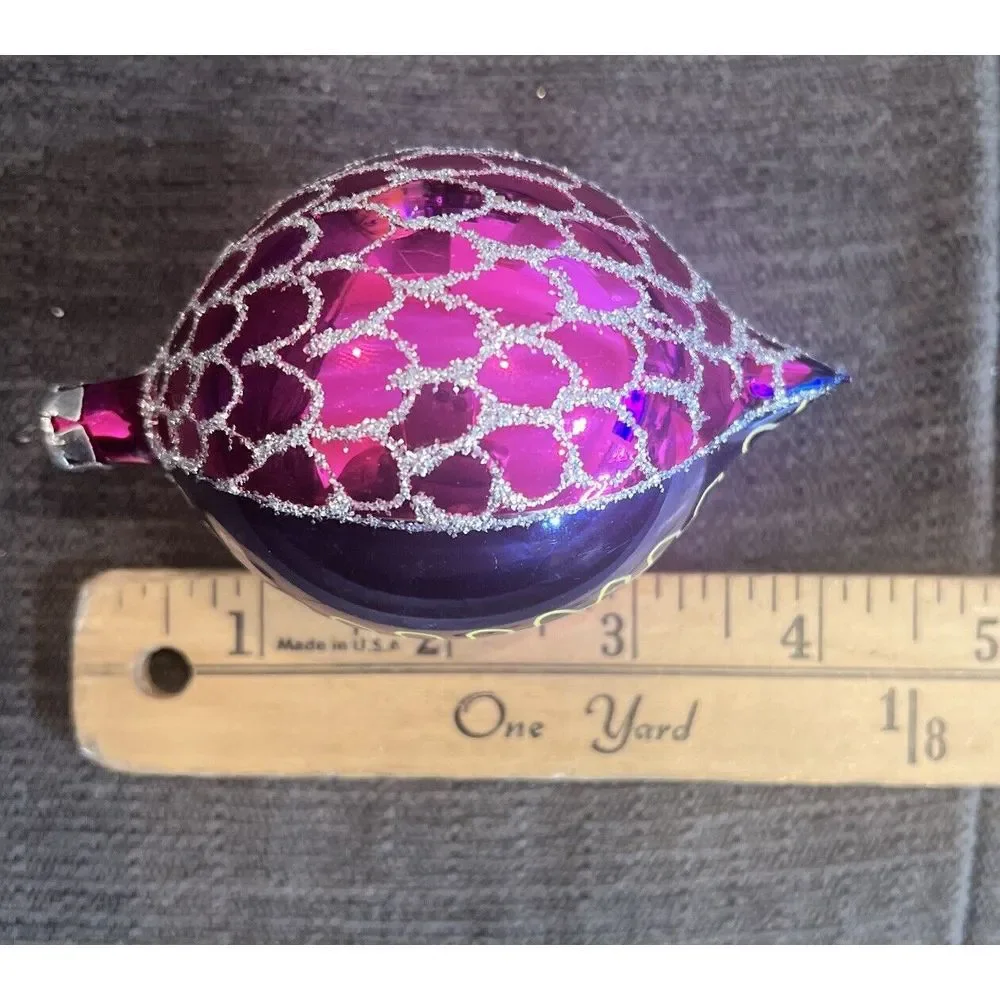 Hand Painted Blown Glass Spire Purple & Blue With Glitter Vintage Christmas Orna
